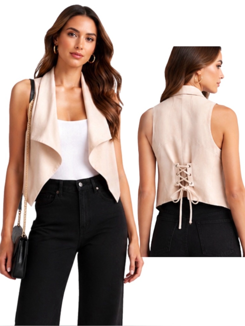 BEBE BEIGE SUEDE-LIKE TIE BACK VEST